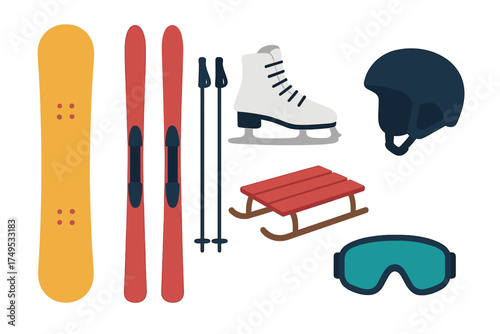 Collection of winter sports equipment including snowboard skis poles ice skate sled helmet and goggles
