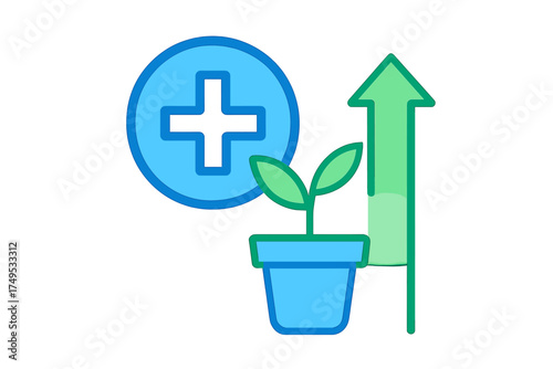 Positive growth and health concept showing a small plant, upward arrow, and plus sign