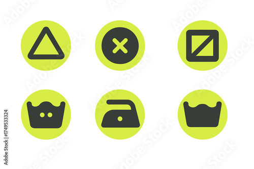 Set of six common laundry care symbols for washing and garment maintenance instructions