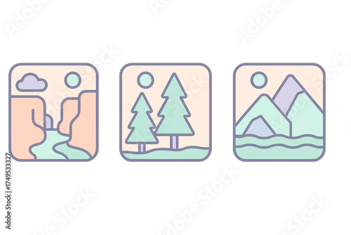 Minimalist landscape icons set showing mountains, forest, and river canyon elements