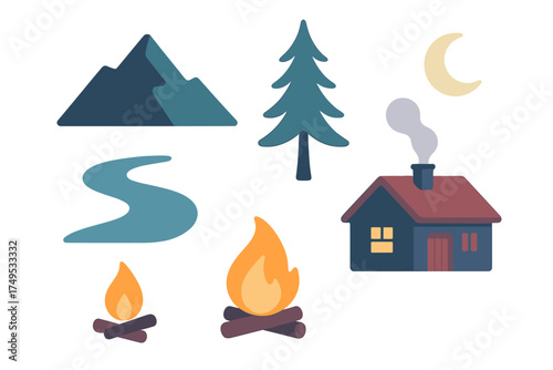 Isolated collection of outdoor and camping elements: mountain, river, pine tree, cabin, and bonfire