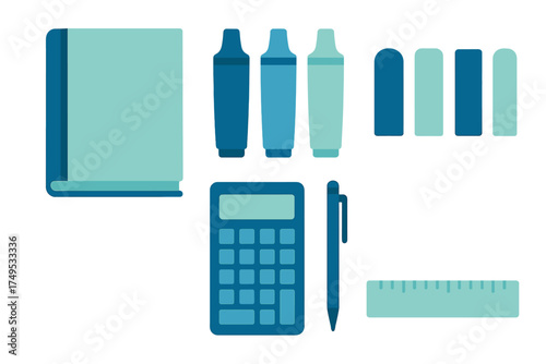 Minimalist collection of educational and office supplies including textbook, calculator, and writing instruments