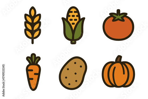 Simple food icons showing wheat, corn, tomato, carrot, potato, and pumpkin