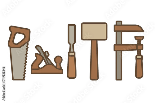 Essential woodworking tools set including handsaw, hand plane, chisel, mallet, and clamp