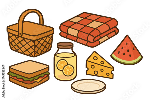 Classic picnic essentials set including basket, checkered blanket, sandwich, lemonade, cheese, and watermelon