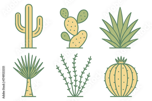 Collection of six stylized desert plants including various cacti and succulents isolated on white