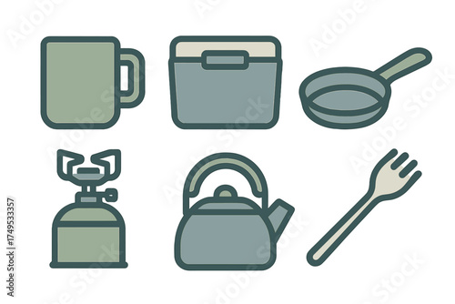 Camping and outdoor cooking equipment featuring mug cooler stove kettle pan and fork