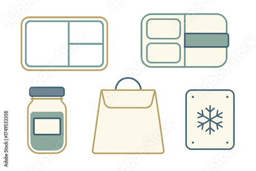 Modern icons of food storage containers, takeout bag, jar, and freezing symbol for meal preparation and delivery