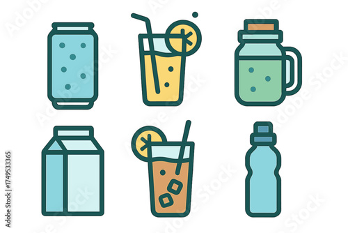 Set of refreshing beverage containers: soda can, juice glass, milk carton, and water bottle