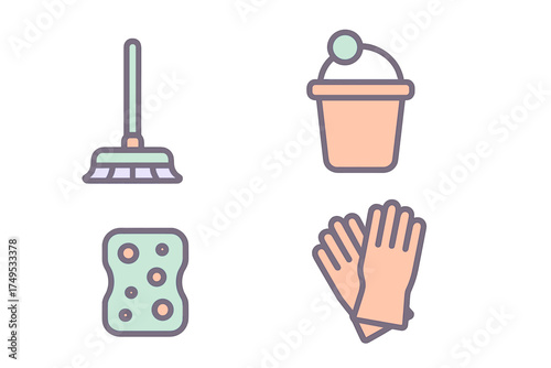 Essential household cleaning tools set with broom, bucket, sponge, and protective gloves