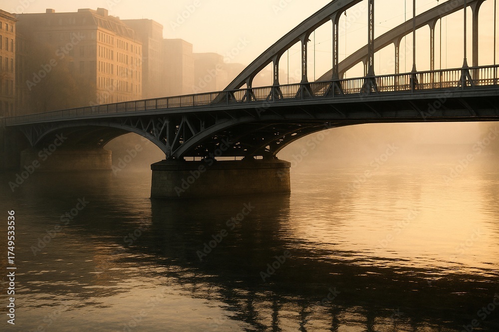 Naklejka premium An ancient iron bridge stretches gracefully across a calm river, bathed in the soft glow of a misty city morning, its reflections shimmering on the water