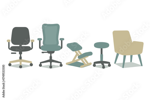 Collection of modern office chairs, ergonomic kneeling chair, stool, and comfortable armchair