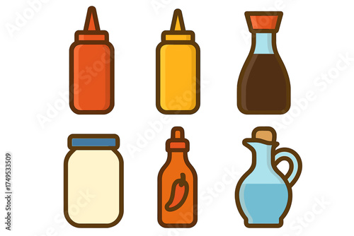 Set of kitchen condiments and sauces including ketchup mustard mayonnaise and soy sauce