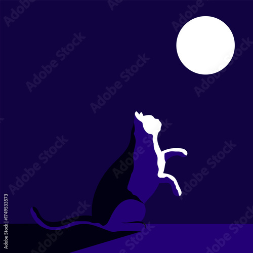 A cat playing with the moon. Minimalistic art. A cat silhouette in the moonlight. Vector illustration.