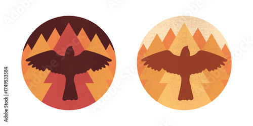 Round emblems of a flying bird silhouette on autumn forest background. Vector illustration