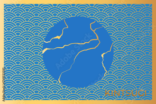 Glowing Kintsugi style background. Circle with golden Kintsugi cracks on an Asian wave pattern background. Vector illustration
