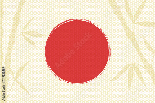Minimal Japanese style background with a red sun and bamboo silhouette. Japanese background with hexagonal pattern. Vector illustration