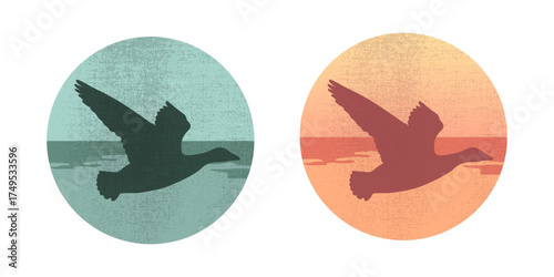 Round emblems with a silhouette of a duck flying over a lake. Vector illustration