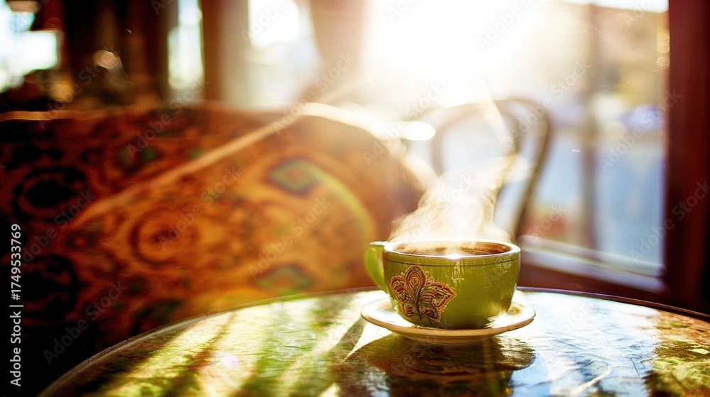 Obraz premium steam. Steaming coffee cup on a rustic table with warm morning light, evoking a cozy atmosphere. bar promotions, beverage menus, designed for food & beverage menus and cafe branding.