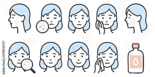 肌荒れしている女性のアイコンセット（フラットデザイン）