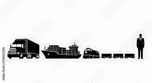 A set of silhouette icons representing global freight logistics, showing a comparison of truck, ship, and train transportation