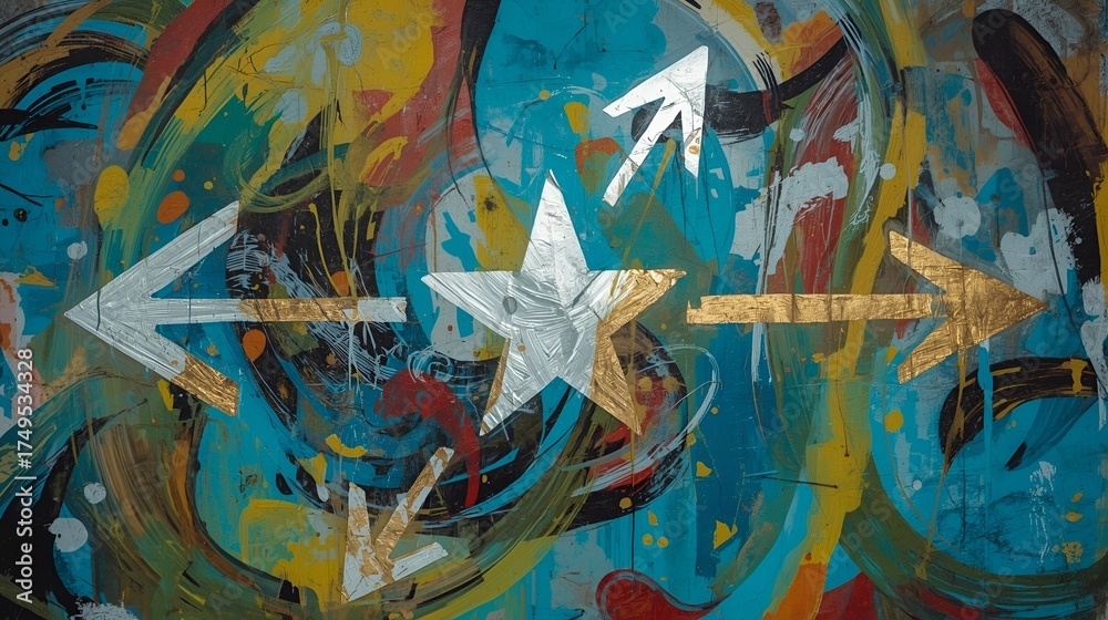 Naklejka premium Abstract painting featuring arrows and a star on a colorful textured background art expression