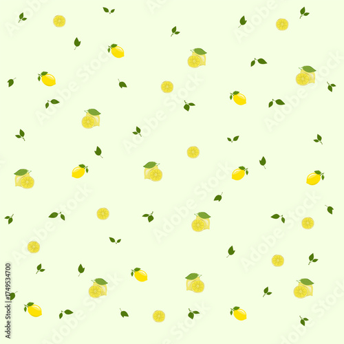 Bright and refreshing lemon pattern design featuring slices and leaves on a soft green background for a cheerful summer feel