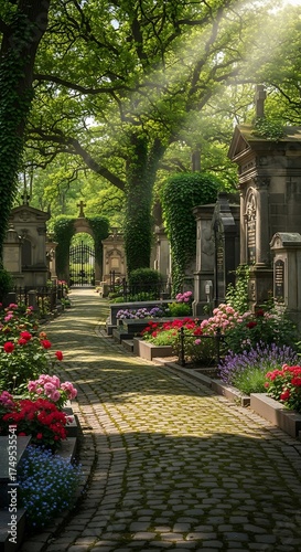 Sunlit Path Through a Historic Cemetery with Lush Greenery and Flowers.