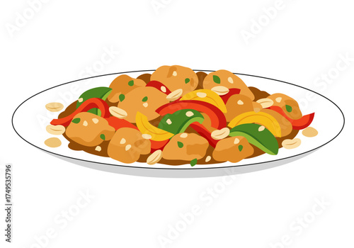 Kung Pao Chicken Dish with Peppers and Peanuts on Plate.