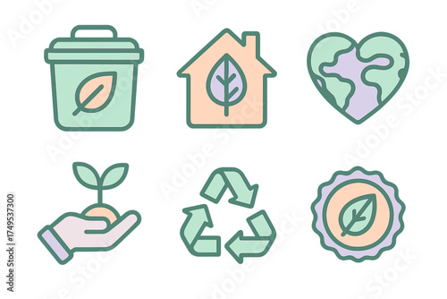 Six colorful icons representing ecology and environmental protection concepts