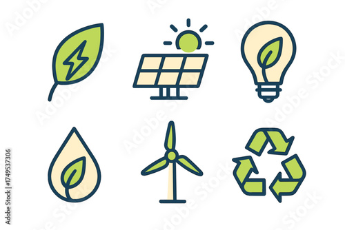 Set of renewable energy and ecology concept icons with leaf and lightning bolt