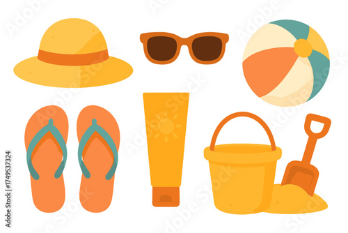 Colorful summer beach vacation accessories and toys assortment
