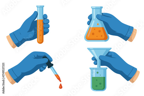 Hands in blue gloves manipulating chemical laboratory glassware for experiments