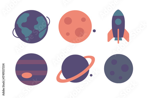 Stylized icons of celestial bodies and space travel elements