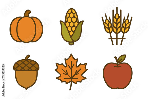 Colorful icons set featuring harvest elements like pumpkin, corn, wheat, acorn, leaf, and apple