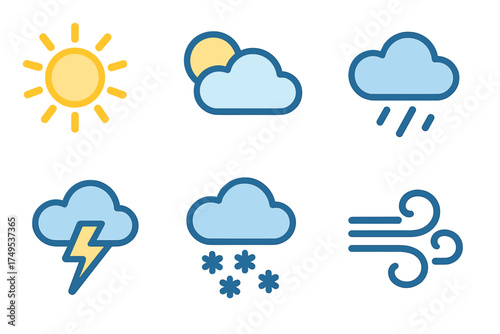 Six stylized weather condition icons: sun, clouds, rain, snow, and wind