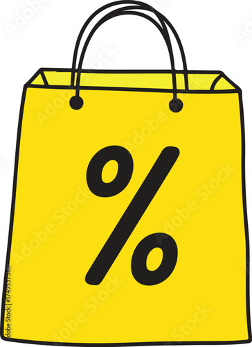 Yellow shopping bag with percentage symbol isolated on transparent background.shopping bag with a discount coupon.