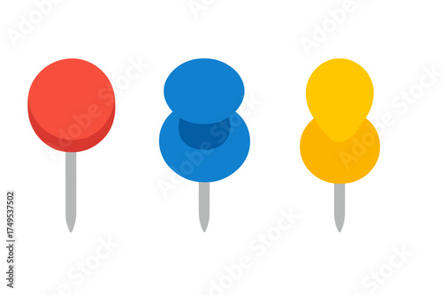 Set of three colorful map pins in red blue and yellow isolated on white
