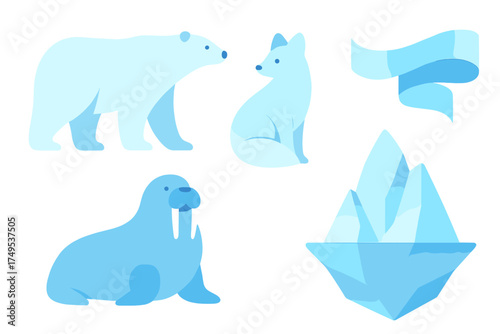Stylized Arctic animals set featuring polar bear, arctic fox, walrus, and iceberg elements
