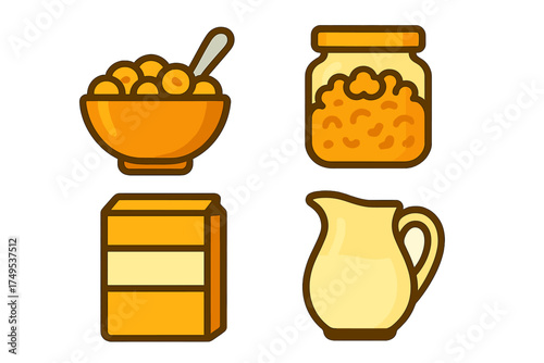 Cereal bowl, jar of preserves, milk carton, and creamer pitcher for morning breakfast meal