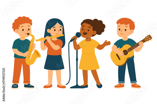 Diverse group of young children playing musical instruments together in a band performance