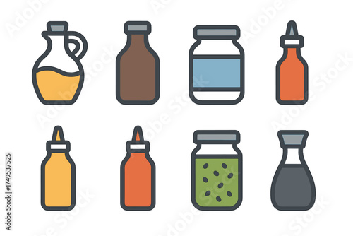 Various kitchen condiments, sauces, oils, and food jars in a simple outline