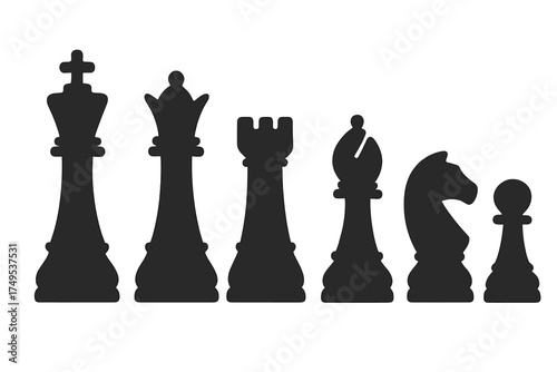 Set of six black chess game pieces silhouette including king queen rook bishop knight and pawn on white background