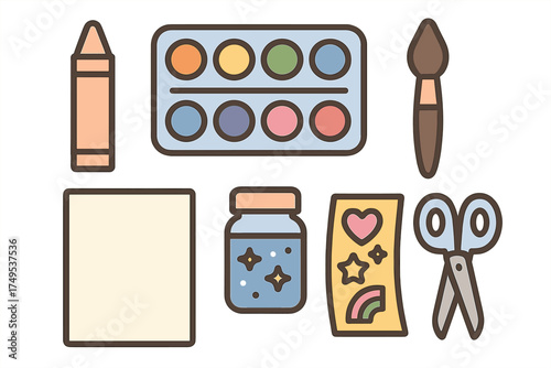 Essential art and craft supplies set including watercolor paint, brush, crayon, paper, and scissors
