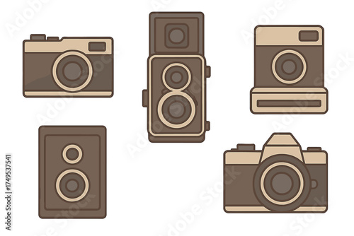 Set of five retro film cameras including SLR and twin-lens reflex models in sepia tones