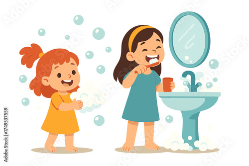 Young girls practicing daily hygiene routines washing hands and brushing teeth