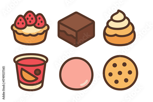 Cute collection of dessert and sweet food icons including tart, brownie, cookie, and whipped cream