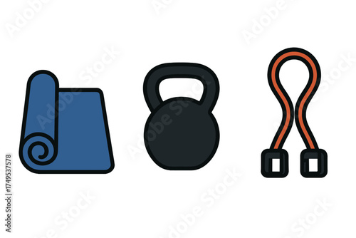 Essential fitness equipment collection featuring a rolled yoga mat, kettlebell, and jump rope