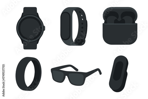 Modern black wearable technology devices including smartwatch fitness tracker wireless earbuds and smart glasses
