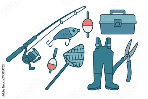 Essential fishing equipment collection including rod, reel, tackle box, waders, and accessories